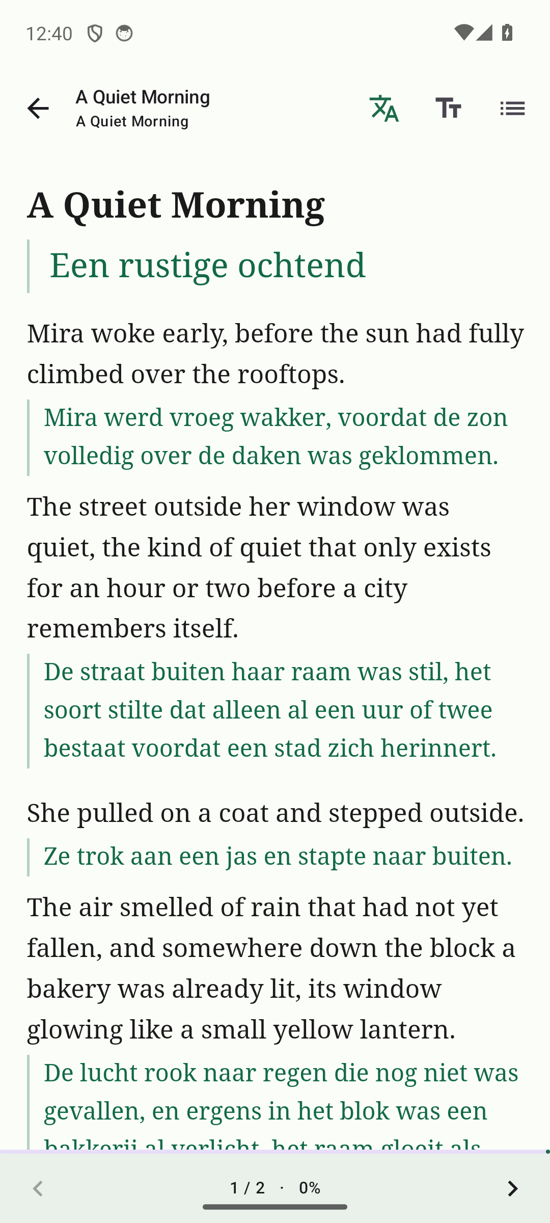 Reading with sentence translation, light mode