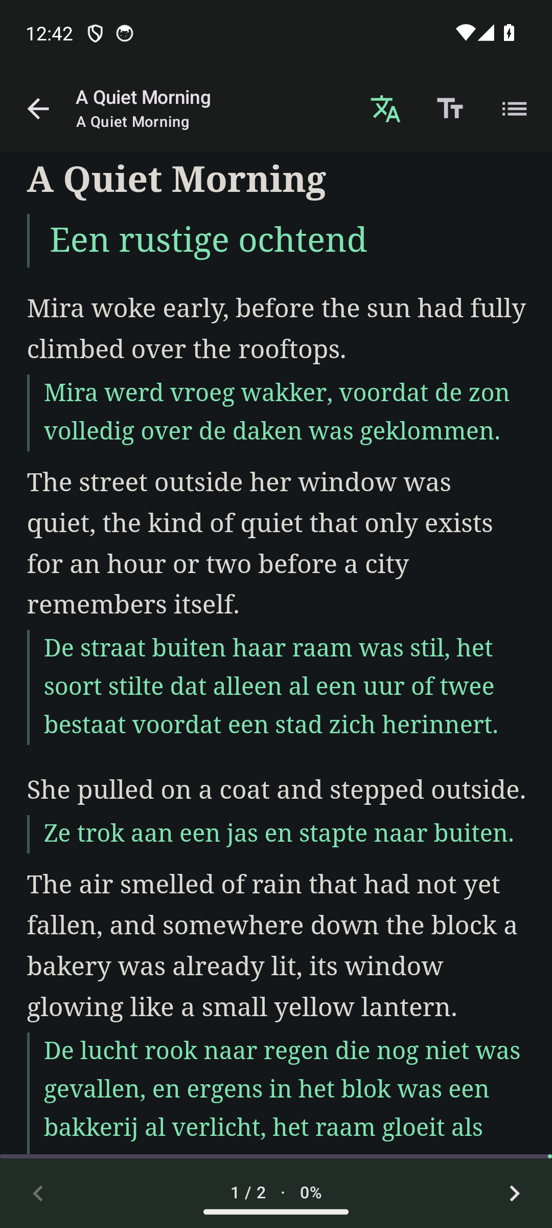 Reading with sentence translation, dark mode